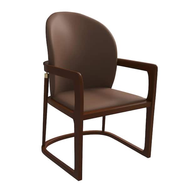 Solid Wood Frame Dining Chair Modern Breathable Accent Arm Chair Upholstered in Leather Svelta Series in Brown