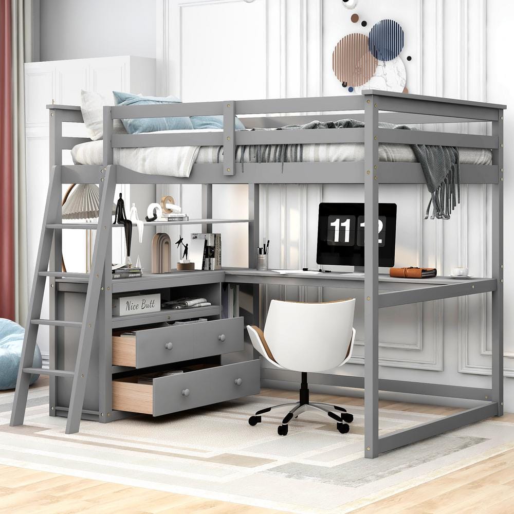 Harper Bright Designs Gray Full Size Wooden Loft Bed with Built