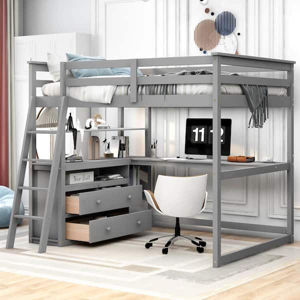 Harper & Bright Designs Gray Full Size Wooden Loft Bed with Built-in Desk, Shelves and Drawers