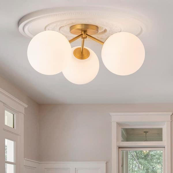 Lueck 18.12 in. 3-Light Gold Sputnik Semi Flush Mount Ceiling Light with Globe Glass Shade