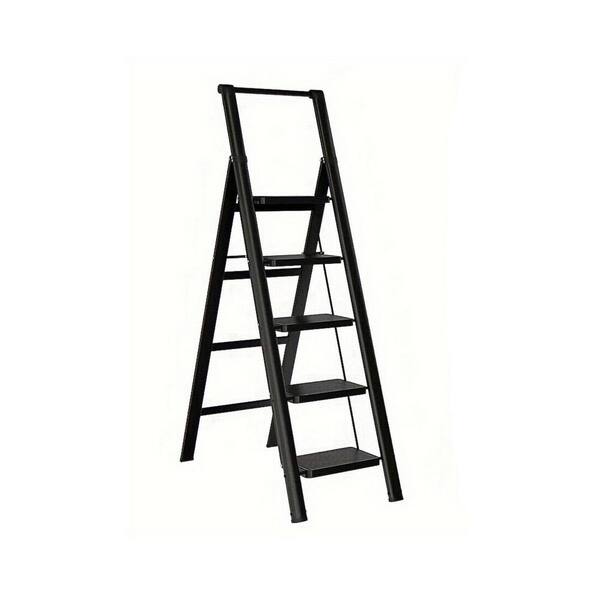 Tidoin 5.3 ft. Black Steel Folding 5 Step Ladder (9 ft. Reach), 600 lbs.  Load Capacity