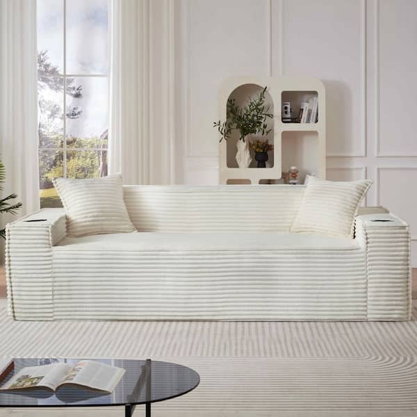 80.7 in. W White Corduroy Bean Bag 3-Seater Sofa No Assembly Needed for Apartment Office