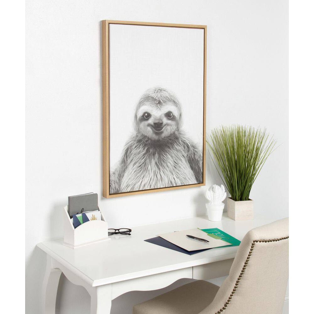 Natural Wood Framed Black and White Sloth Canvas Print