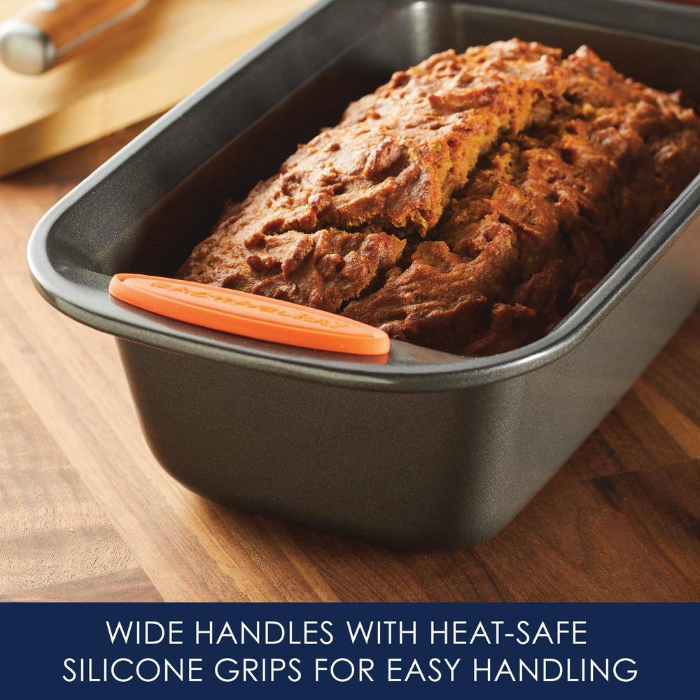Gray Nonstick Carbon Steel Loaf Pan with Orange Handles, 9x5 Inch