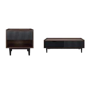 Duane Modern 47.24 in. Dark Brown and Black Rectangle Ribbed MDF 20.23 in. End Table and Coffee Table Set
