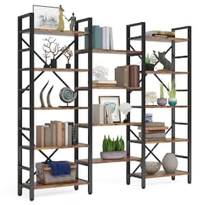 Eulas 70.86 in. Tall Brown Engineered Wood Triple Wide 14-Shelf Etagere Bookcase 5-Tier Bookshelf with Storage