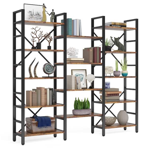 BYBLIGHT Eulas 70.86 in. Tall Brown Engineered Wood Triple Wide 14-Shelf Etagere Bookcase 5-Tier Bookshelf with Storage