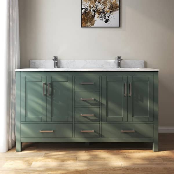 MEDUNJESS Aeterna 60in. W x 22 in. D x 34 in. H Double Sinks Freestanding Bath Vanity in Green w/White Carrara Cultured Marble Top