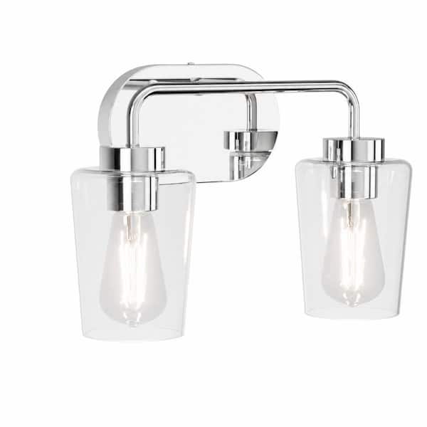 14.56 in. 2-Light Chrome Vintage Bathroom Vanity Light with Clear Glass and Stainless Steel