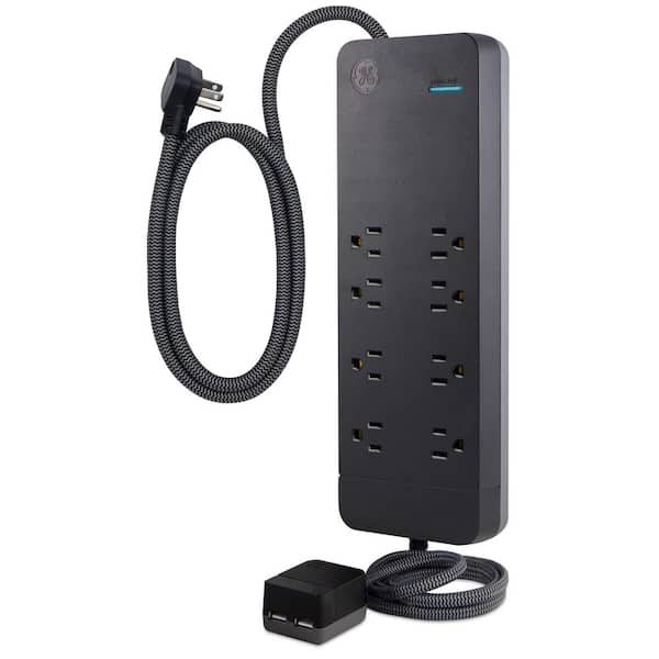 GE 8-Outlet 2 USB A Port Surge Protector with 4 ft. Braided Cord, Black