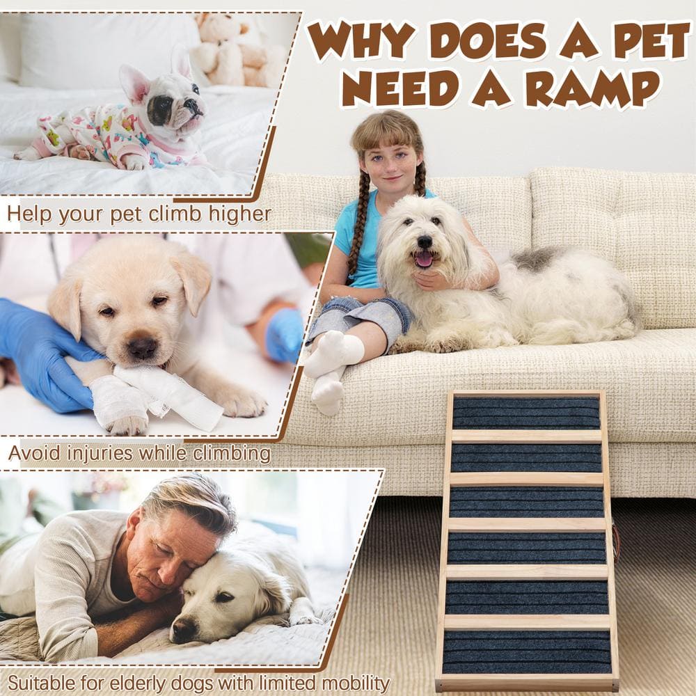 Adjustable Natural Pinewood Folding Pet Ramp with Gray Carpet