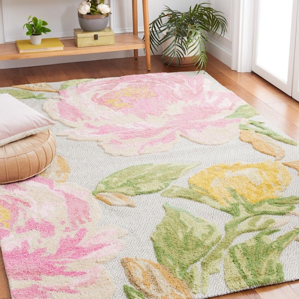 Glamour 6 ft. x 6 ft. Pink/Gray Floral High-Low Square Area Rug