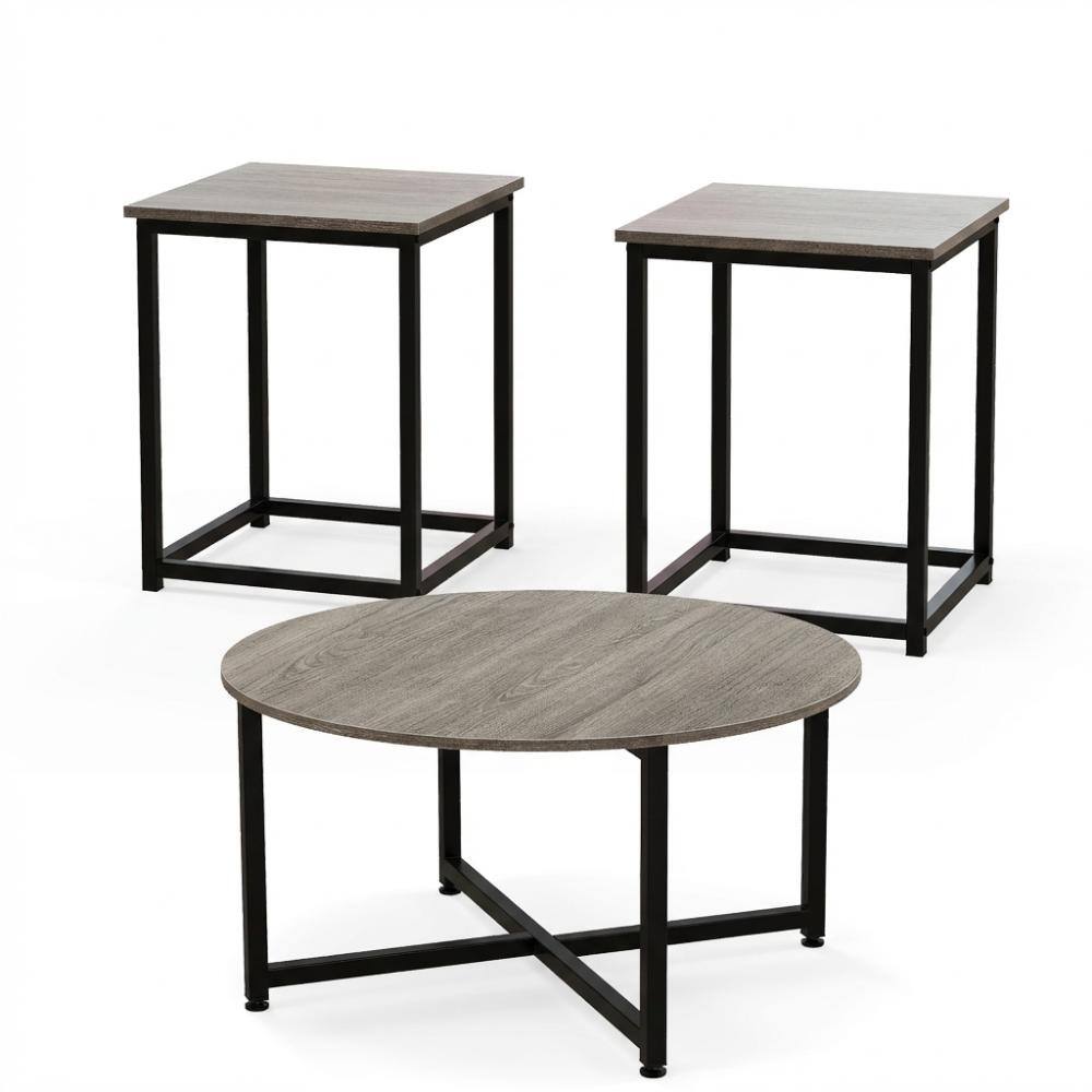 3-Piece Living Room Table Set, Round Coffee Table with 2 Square End Tables