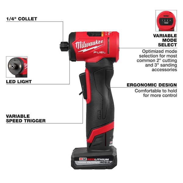 M12 FUEL 12V Lithium-Ion Brushless Cordless 1/4 in. Right Angle Die Grinder Kit w/ 5.0 Ah & 2.5 Ah Batteries