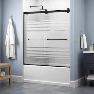 Contemporary 60 in. x 58-3/4 in. Frameless Sliding Bathtub Door in Matte Black with 1/4 in. Tempered Transition Glass
