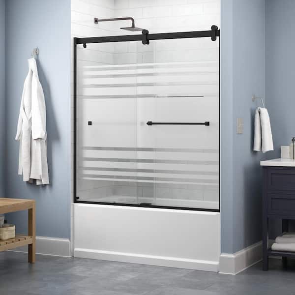 Delta Lyndall Contemporary 50-1/8 to 58-1/2 in. W x 58-3/4 in. H Frameless Sliding Tub Door, Matte Black, Transition Glass