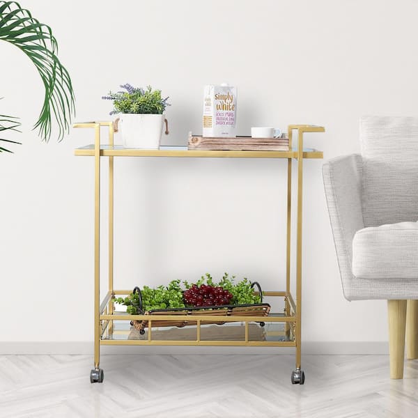 RiteSune Minimalism Dark Gold Rolling Bar Cart with Glass Shelves