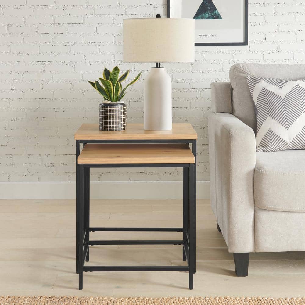 Oak and Black Metal Modern Nesting Tables Set