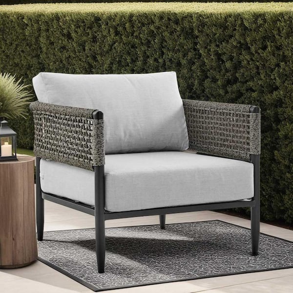 Armen Living Alegria Black Aluminum and Rope Outdoor Lounge Chair with Gray Cushion