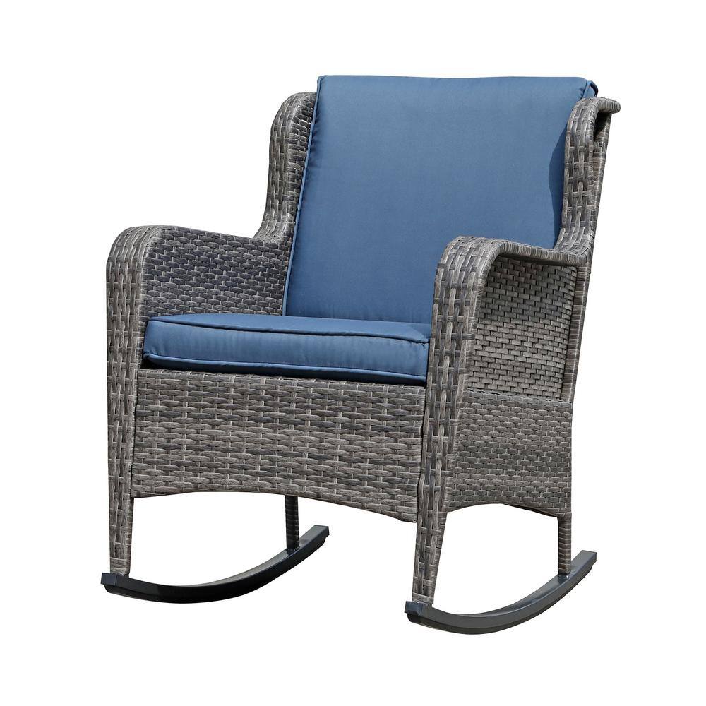 Wicker Outdoor Rocking Chair with Navy Blue Cushions