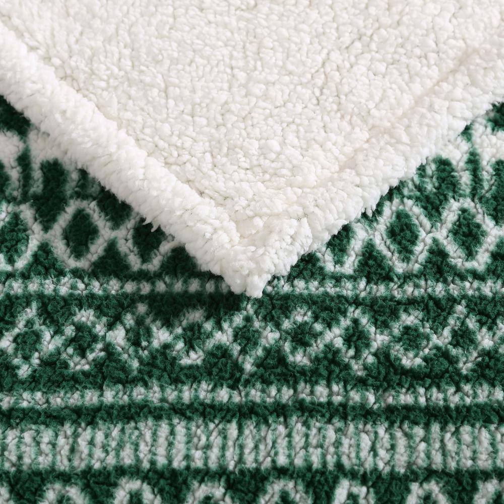 Green and White Reversible Sherpa Fleece Throw Blanket