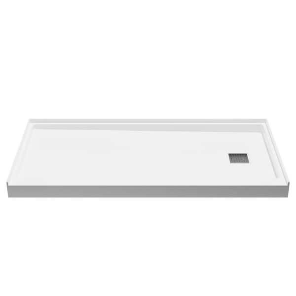 Woodbridge Krasik 60 in. L x 30 in. W Alcove Solid Surface Shower Pan Base with Left Drain in White with Chrome Cover, White with Chrome Drain Cover