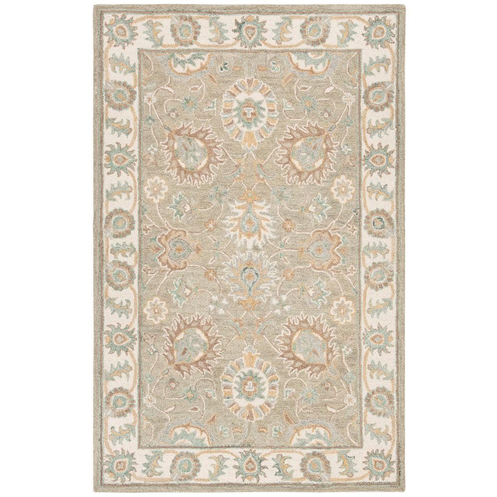 Ivory and Sage Floral Tufted Wool Area Rug 5' x 8'