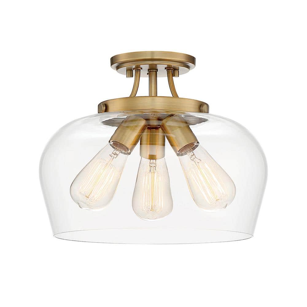 Elegant Warm Brass 3-Light Semi-Flush Mount with Curved Glass Shade