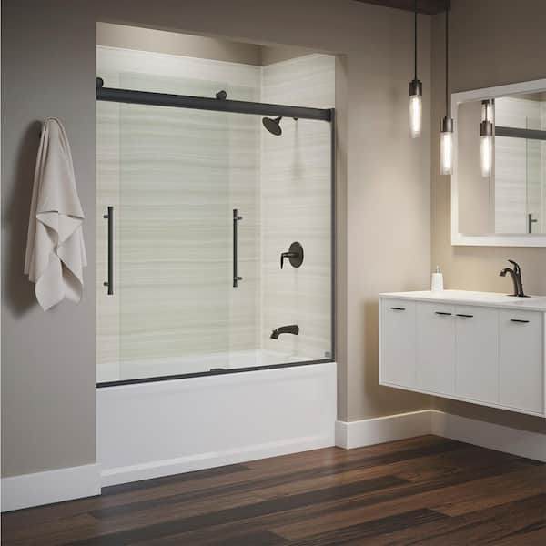 KOHLER Elmbrook 55-60 in. W x 62 in. H Sliding Frameless Bathtub Door in Matte Black with Crystal Clear Glass