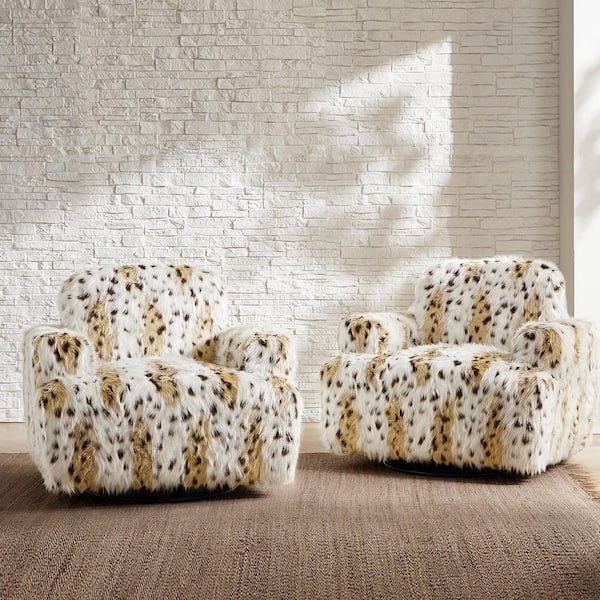 Jaime Snow Leopard Polyester Arm Chair with Swivel (Set of 2)