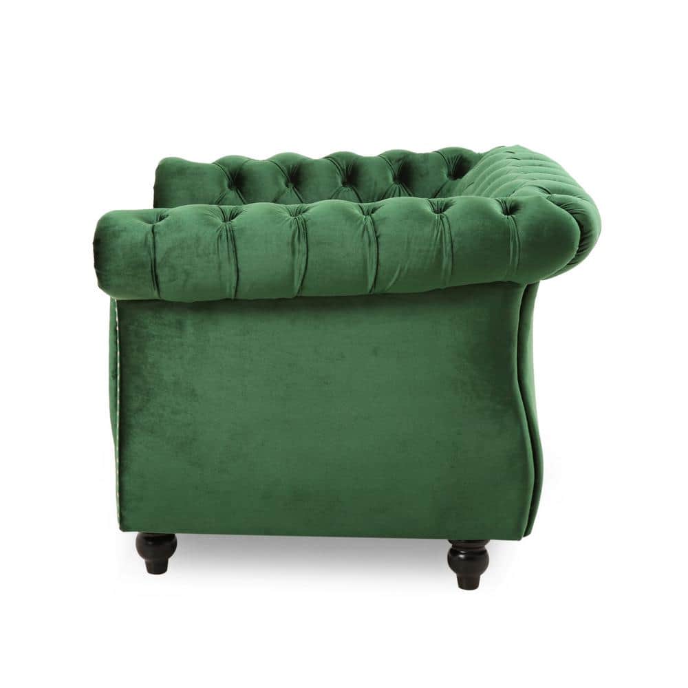 Emerald Velvet Chesterfield Accent Chair with Birch Wood Legs