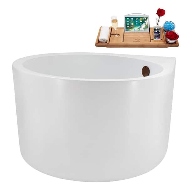 Streamline 47 in. x 39 in. Acrylic Freestanding Soaking Bathtub in Glossy White with Matte Oil Rubbed Bronze Drain, Bamboo Tray