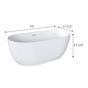 59 in. Oval Pure Virgin Acrylic Flatbottom Freestanding Soaking Bathtub in White with Drain and Overflow Included