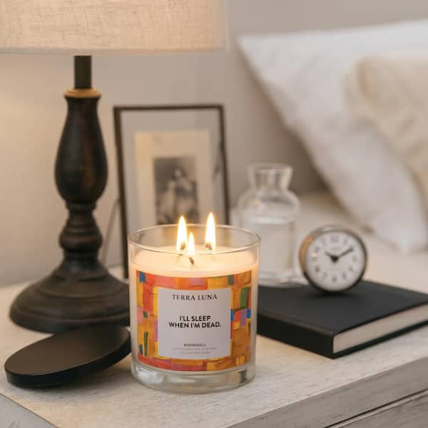 4 in. Glass Yellow/Orange Bombshell Sleep When I'm Dead Lidded Candle 12 oz.