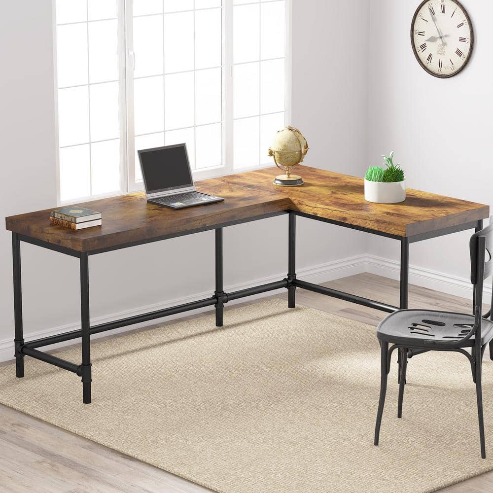 Rustic Brown L-Shaped Industrial Wood Corner Desk