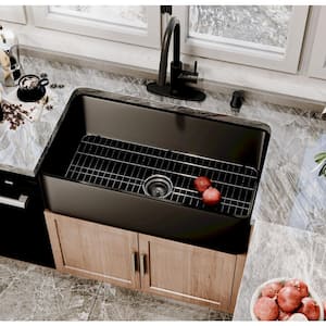 Black Fireclay 33 in. Single Bowl Farmhouse Apron Kitchen Sink with Pull Down Kitchen Faucets and Accessories