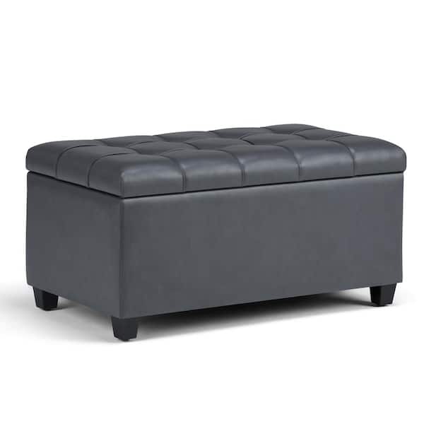 Simpli Home Sienna 34 in. Wide Transitional Rectangle Storage Ottoman Bench in Stone Grey Faux Leather
