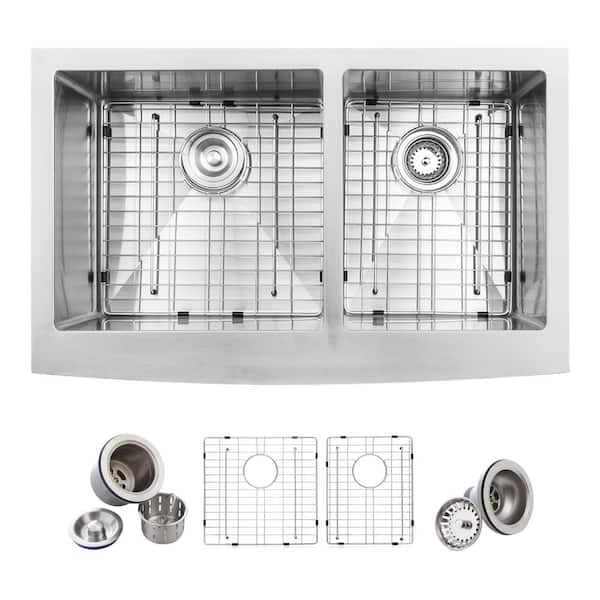 Glacier Bay Professional 33 in. Apron-Front 60/40 Double Bowl 16 Gauge Stainless Steel Kitchen Sink with Accessories