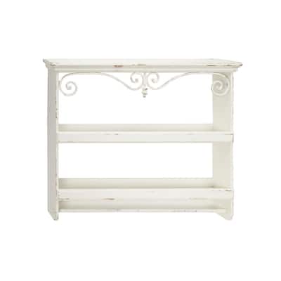 33 in. x 28 in. Rectangular Distressed White Wood Wall Shelf with 2-Shelves Towel Rack and Iron Scrollwork