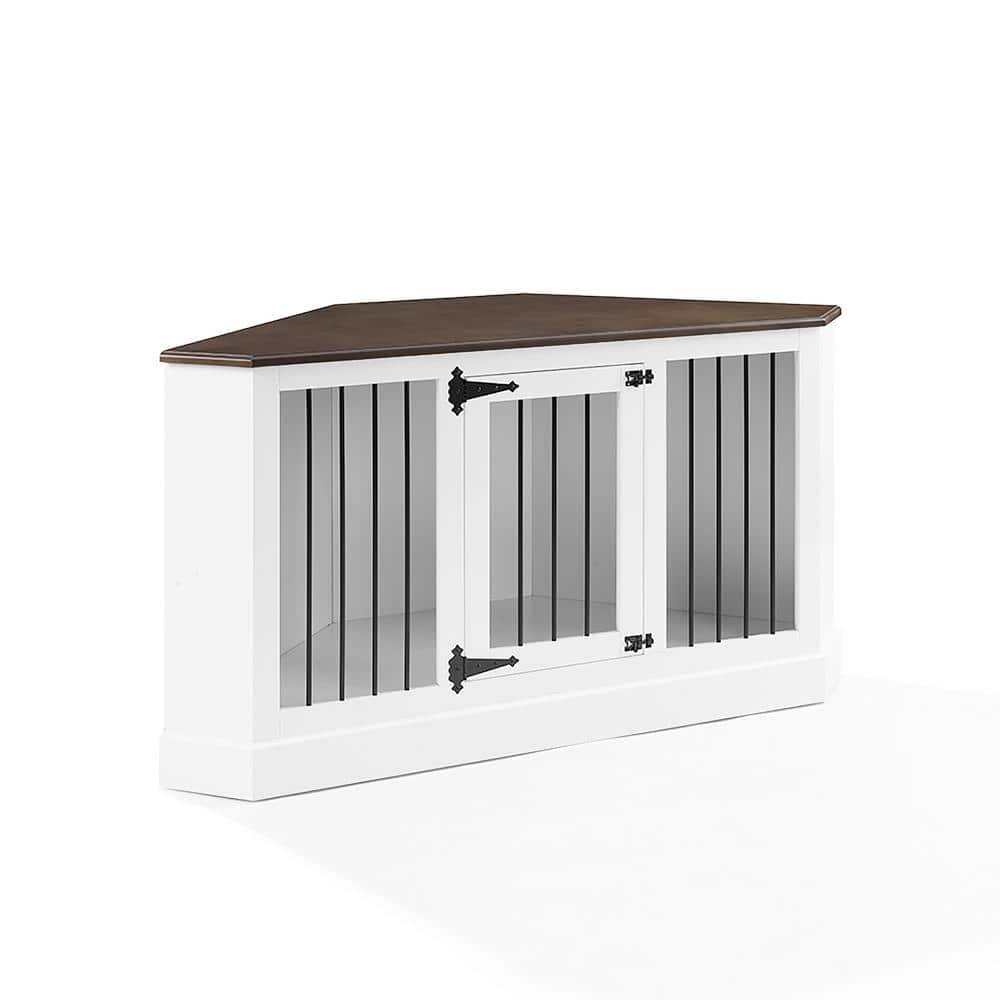 Small White Wood and Steel Corner Dog Crate Credenza