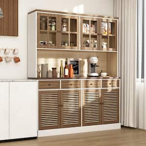 Brown Wood 61.3 in. W Kitchen Food Pantry Cabinet Louvered Door Style With Hutch, Glass Doors, Adjustable Shelves