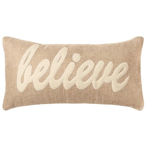 Tan/Beige "Believe" Sentiment Poly Filled 11 in. X 21 in. Decorative Throw Pillow