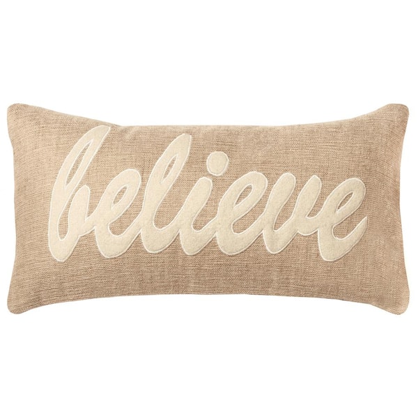 Unbranded Tan/Beige "Believe" Sentiment Poly Filled 11 in. X 21 in. Decorative Throw Pillow