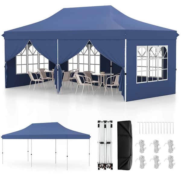 10 x 20 ft. Pop up Canopy  Outdoor Canopy Tent with 6-Sidewalls Carrying Bag Blue