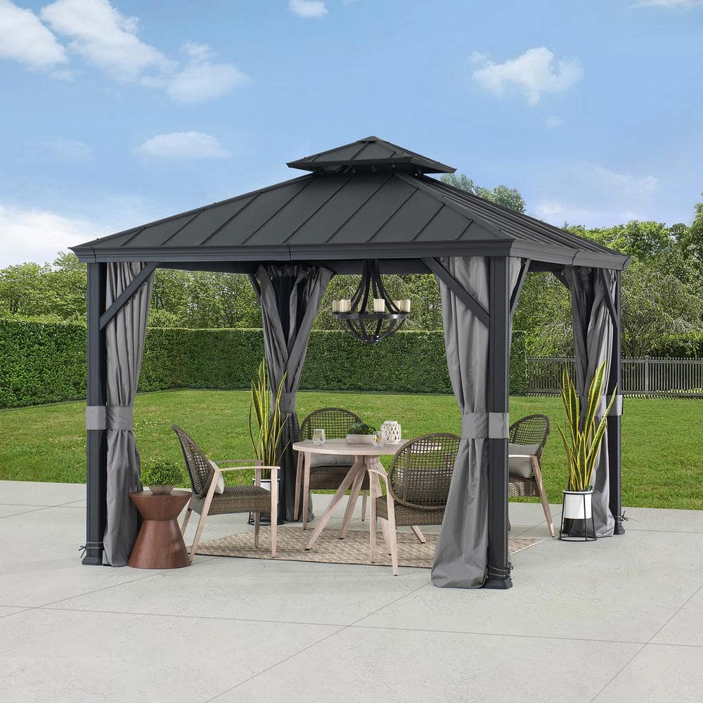 Sunjoy 10 ft. x 10 ft. Black Aluminum Frame Gazebo with Gray Curtains