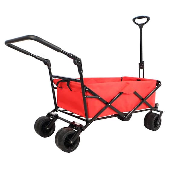 Unbranded Red Aluminum Folding Serving Cart, Beach Wagon Cart with 4 Wheels, Adjustable Handle, Drink Holders for Camping, Garden