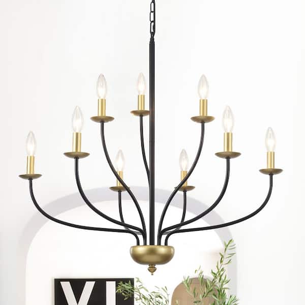 9-Light Transition Black and Gold Candlestick Chandelier Modern Pendant Light for Dining Room