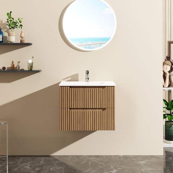 ANGELES HOME 24 in. Wall-Mounted Bathroom Vanity in Walnut with White Ceramic Top, Single Sink with 2-Drawers