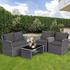 4-Pieces Wicker Patio Conversation Set Sofa Table with Storage Shelf and Gray Cushion