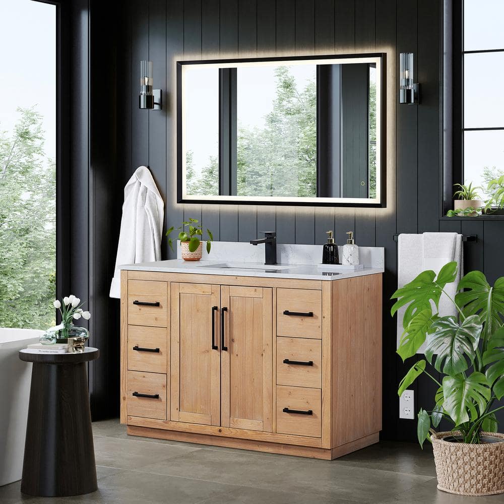 Cicero 48" Light Brown Fir Wood Vanity with White Stone Top and Mirror